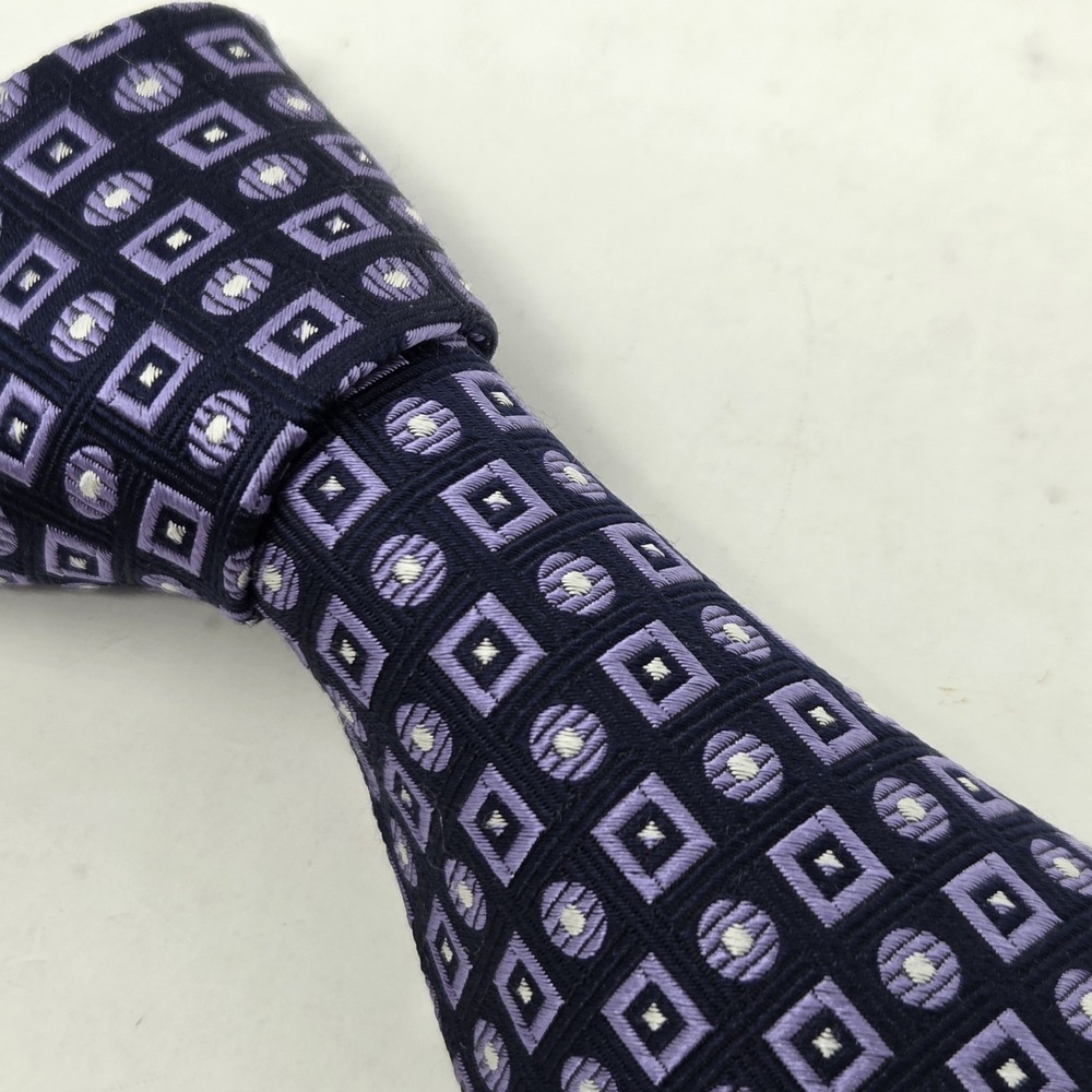 Jos. A. Bank Men's Neck Tie Silk Hand Made Italy Purple Geometric All Over Print